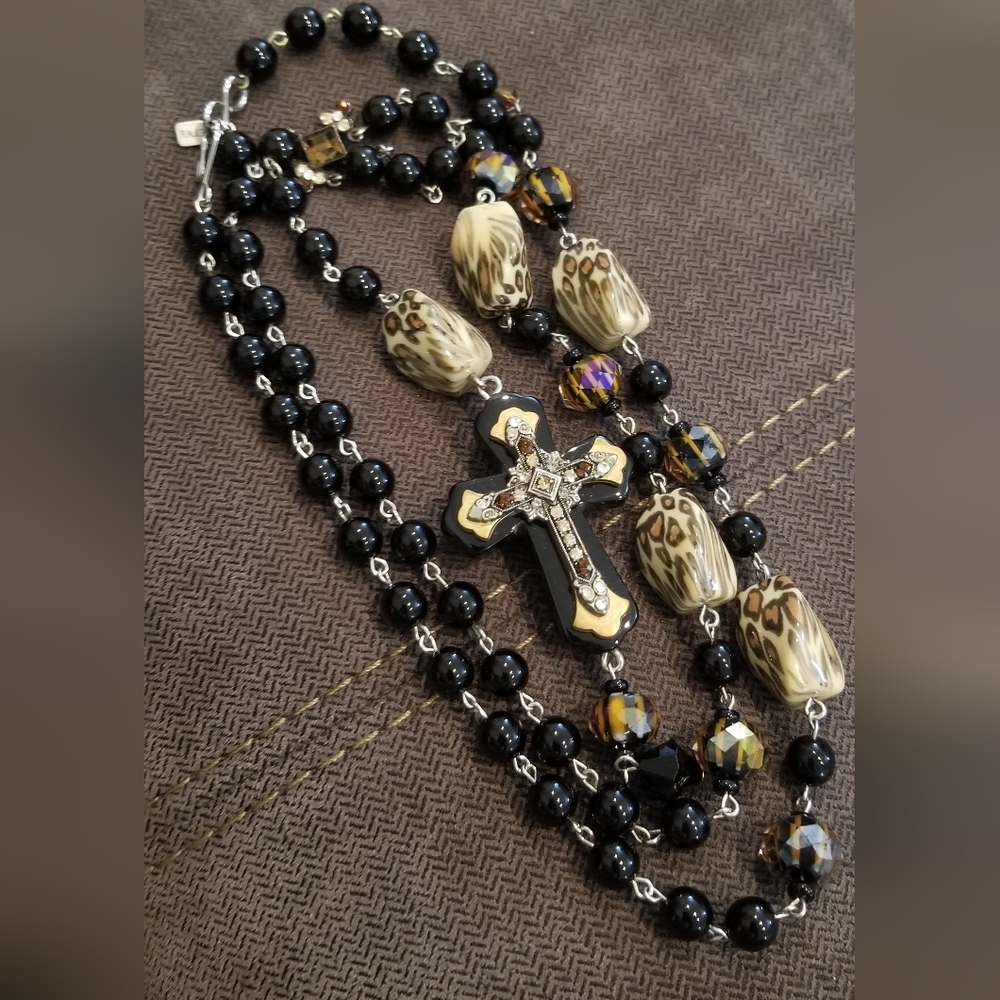Rosary Necklace Double Sided Embellished Cross Brass Silver Animal print Accents